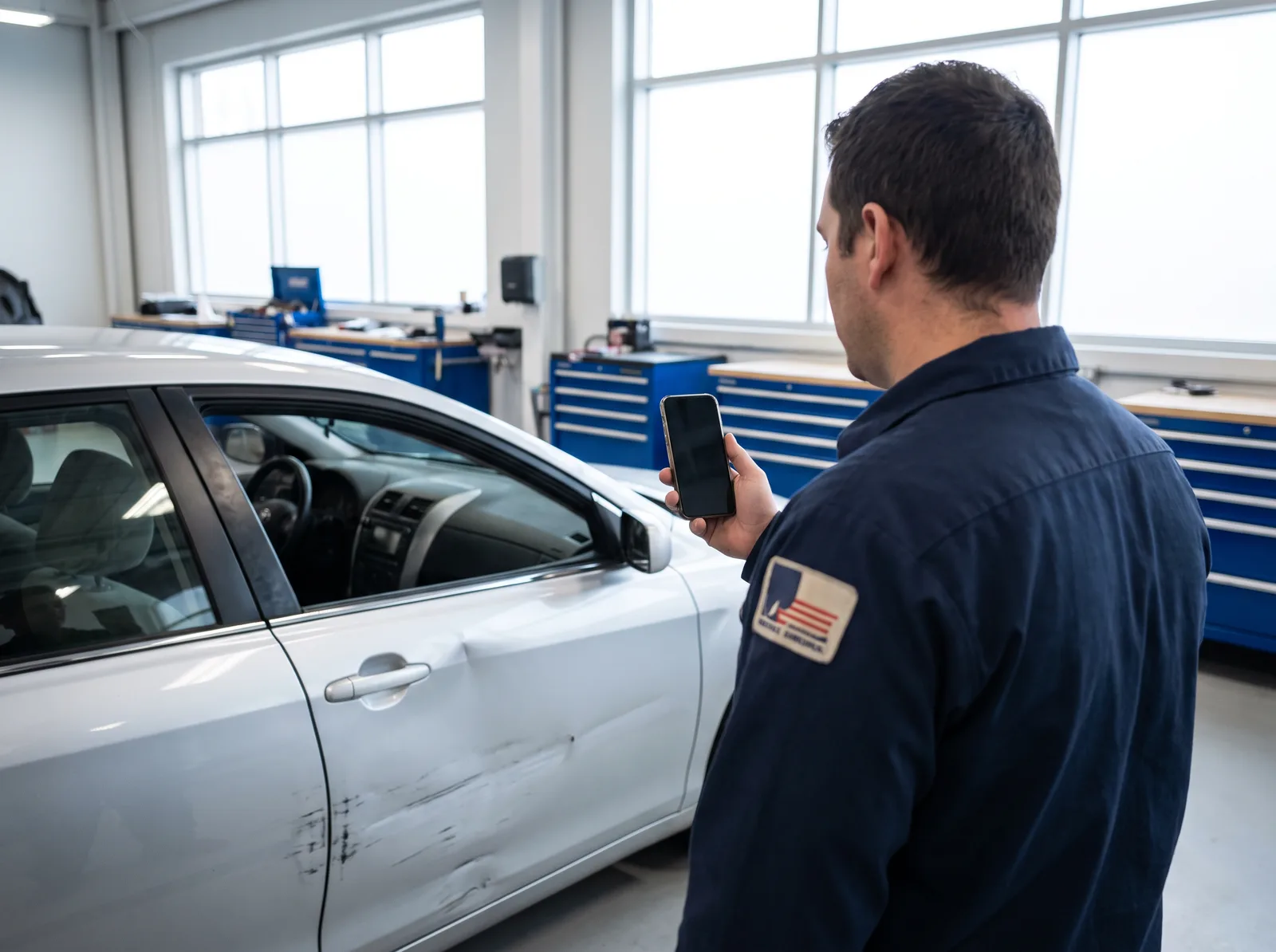 Body shop technician pointing an iPhone at a dented car door to get a repair estimate