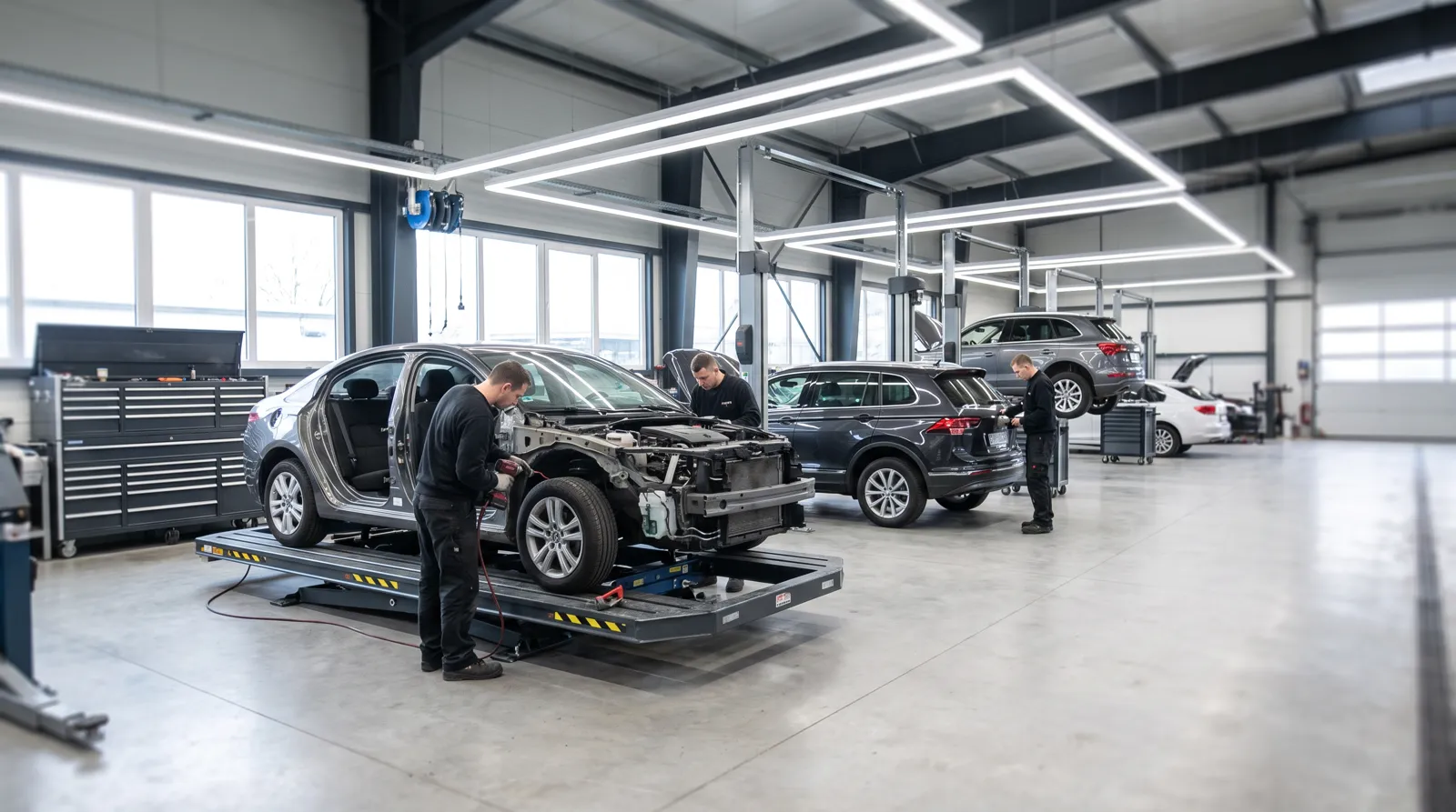 Collision repair shop floor with cars in repair bays